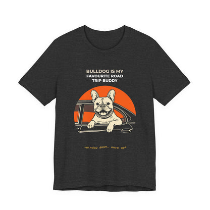 French Bulldog Road Trip Buddy t-shirt — funny Frenchie travel tee on Bella+Canvas 3001, view 18