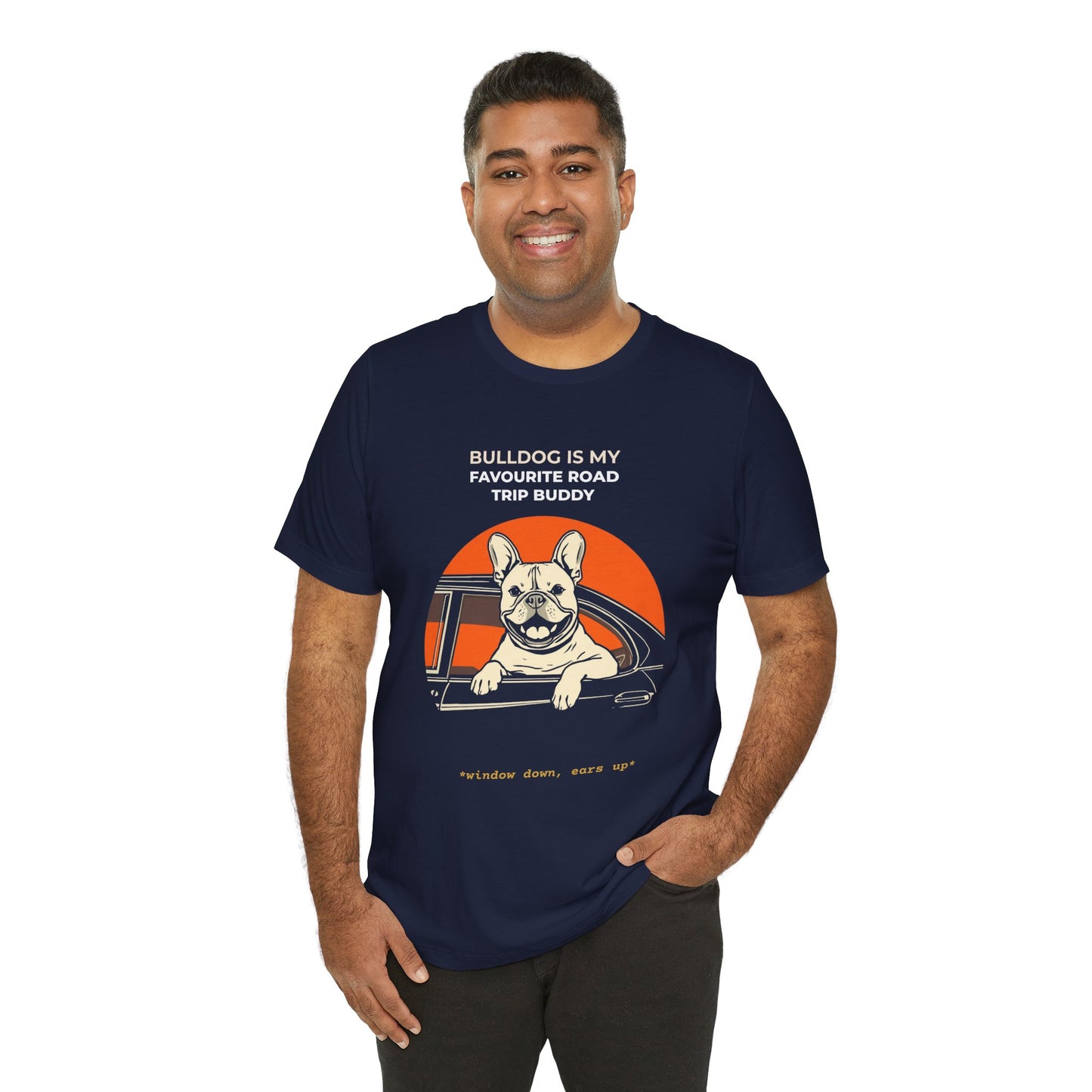 French Bulldog Road Trip Buddy t-shirt — funny Frenchie travel tee on Bella+Canvas 3001, view 23
