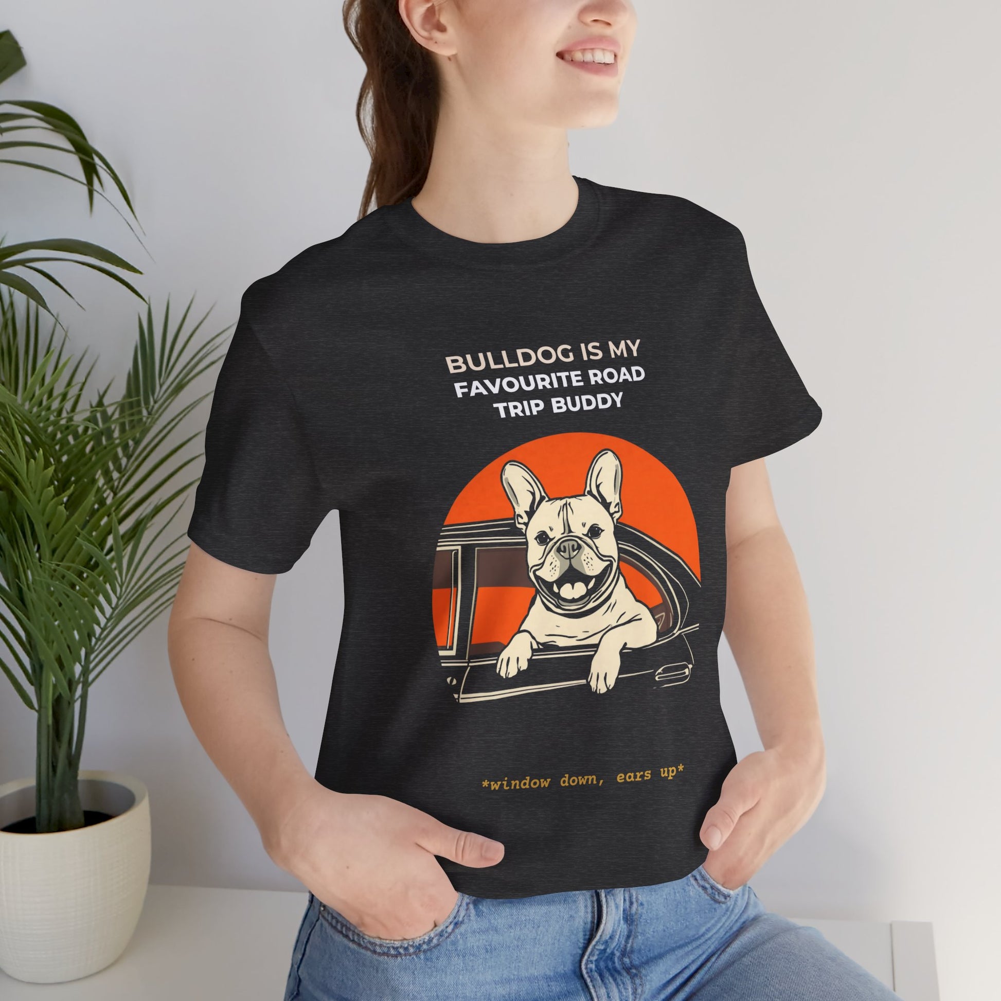French Bulldog Road Trip Buddy t-shirt — funny Frenchie travel tee on Bella+Canvas 3001, view 3