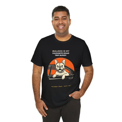 French Bulldog Road Trip Buddy t-shirt — funny Frenchie travel tee on Bella+Canvas 3001, view 5