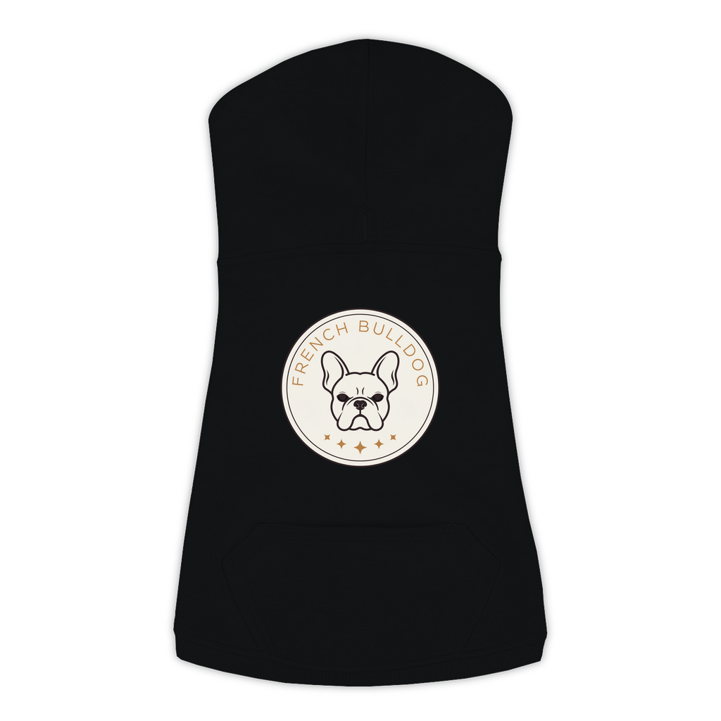 French Bulldog dog hoodie in Black — vintage roundel badge print on cosy fleece pullover, L