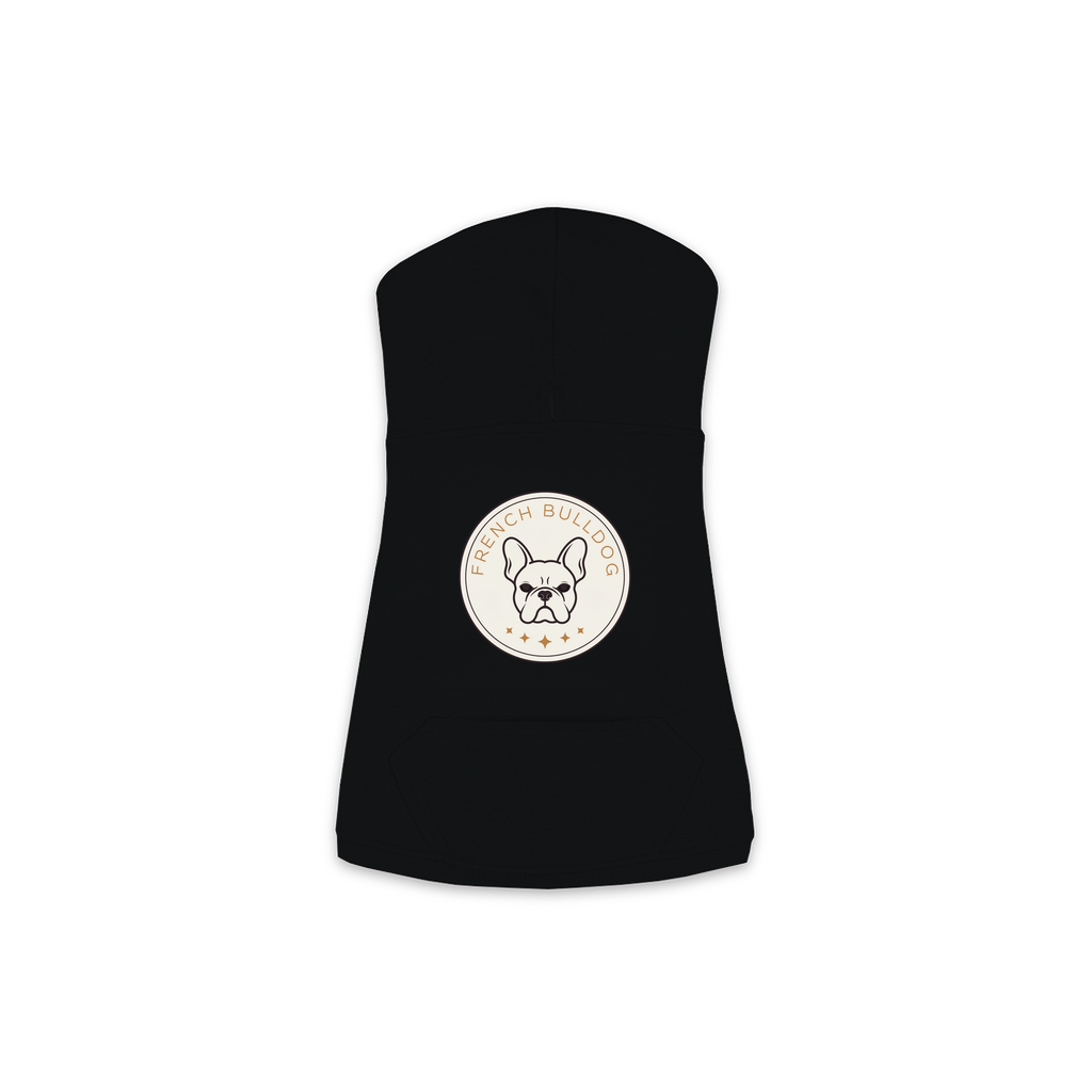 French Bulldog dog hoodie in Black — vintage roundel badge print on cosy fleece pullover