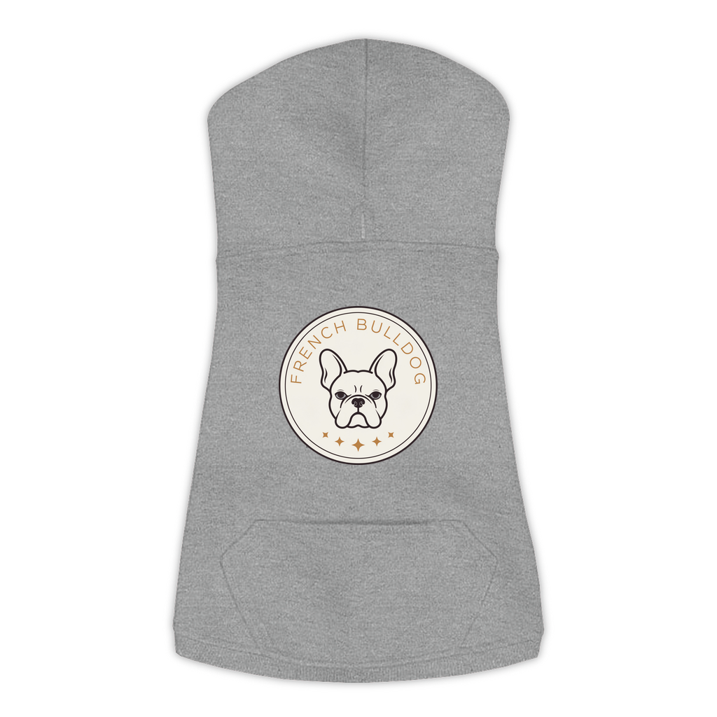 French Bulldog dog hoodie in Granite Heather — vintage roundel badge print on cosy fleece pullover, L