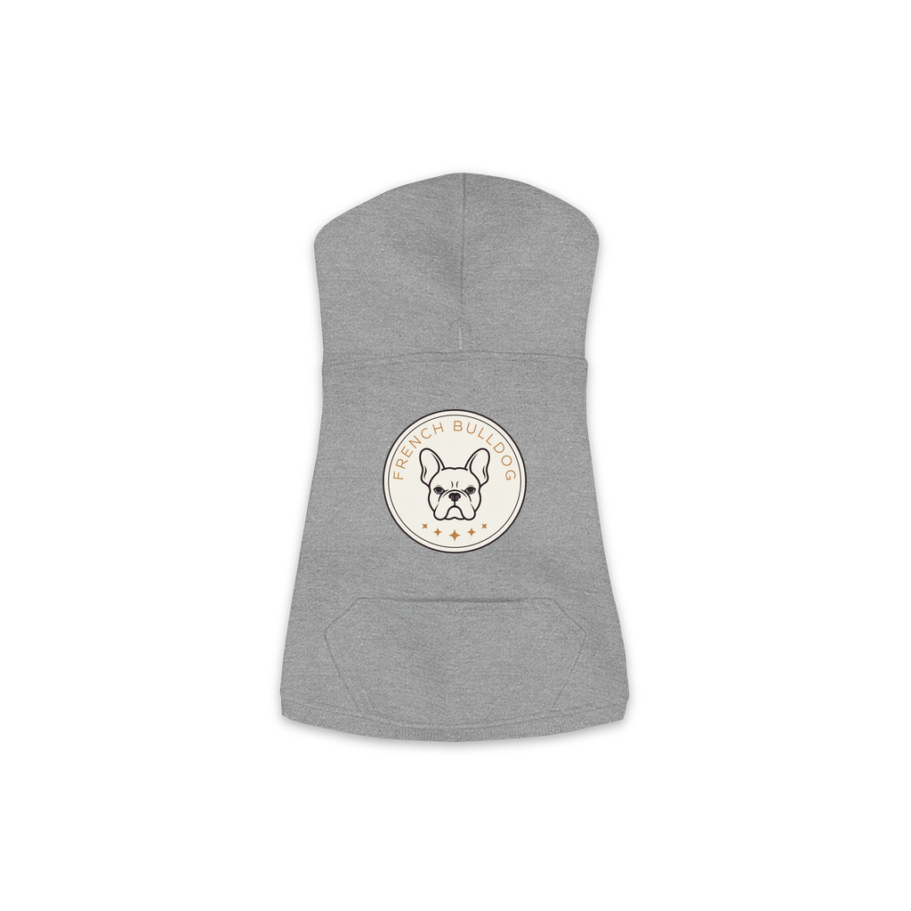 French Bulldog dog hoodie in Granite Heather — vintage roundel badge print on cosy fleece pullover
