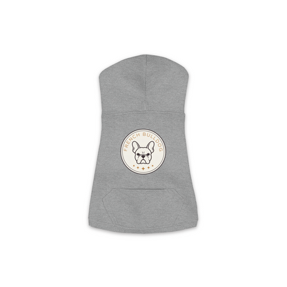 French Bulldog dog hoodie in Granite Heather — vintage roundel badge print on cosy fleece pullover