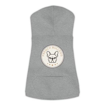 French Bulldog dog hoodie in Granite Heather — vintage roundel badge print on cosy fleece pullover, XL