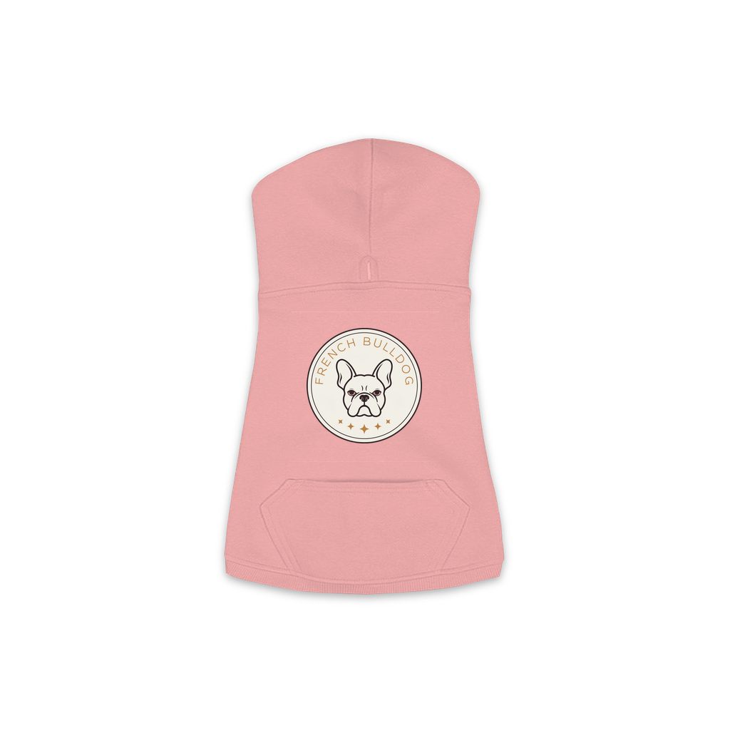 French Bulldog dog hoodie in Mauvelous — vintage roundel badge print on cosy fleece pullover