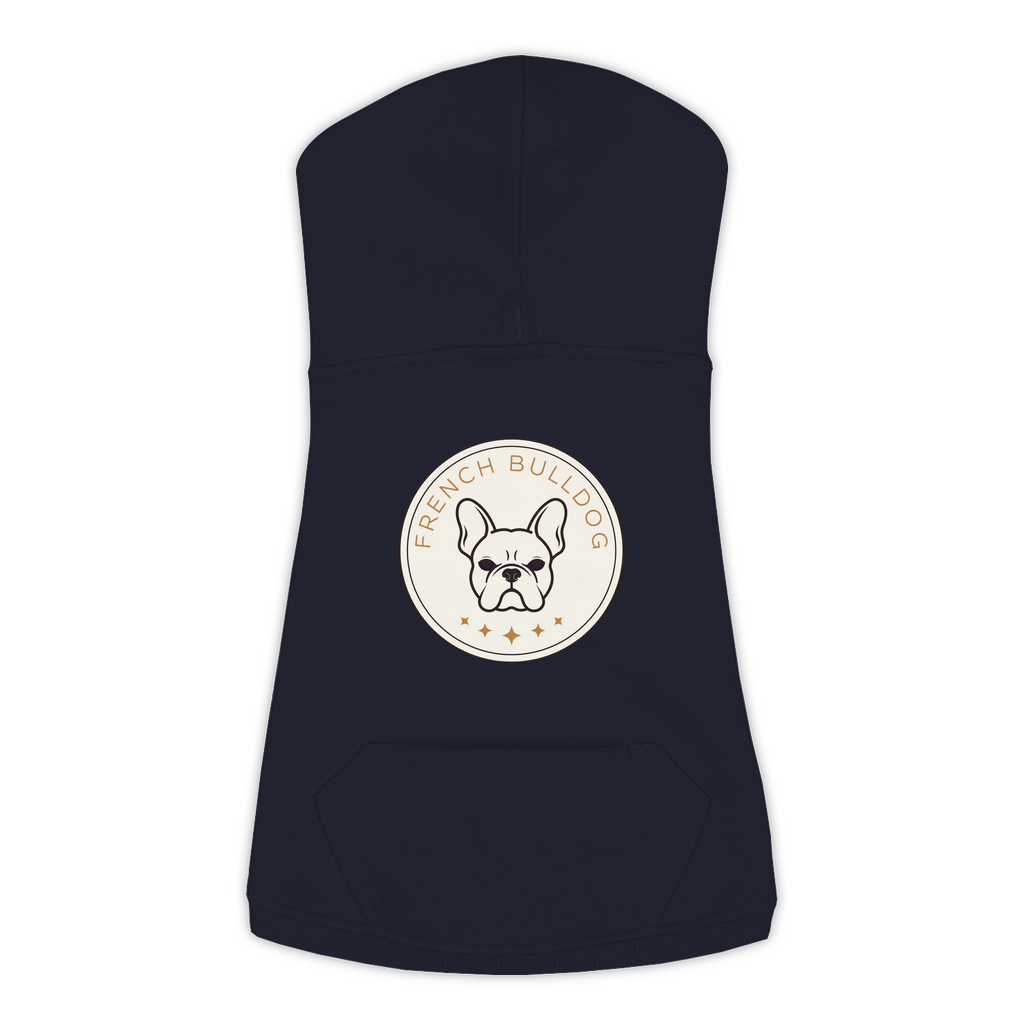 French Bulldog dog hoodie in Navy — vintage roundel badge print on cosy fleece pullover, L