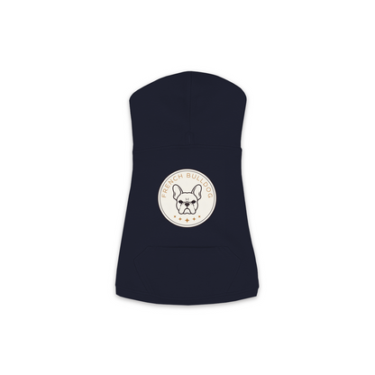 French Bulldog dog hoodie in Navy — vintage roundel badge print on cosy fleece pullover