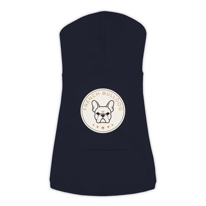 French Bulldog dog hoodie in Navy — vintage roundel badge print on cosy fleece pullover, XL