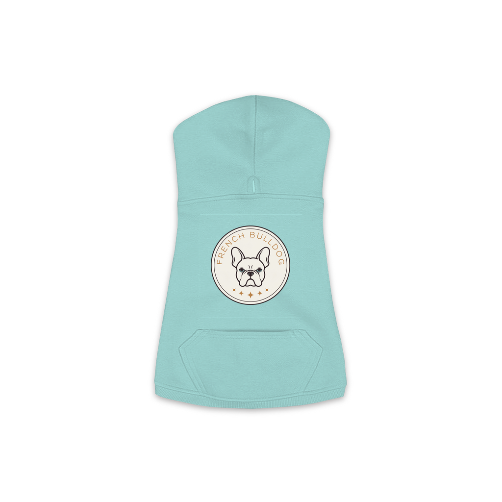 French Bulldog dog hoodie in Saltwater — vintage roundel badge print on cosy fleece pullover