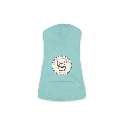 French Bulldog dog hoodie in Saltwater — vintage roundel badge print on cosy fleece pullover