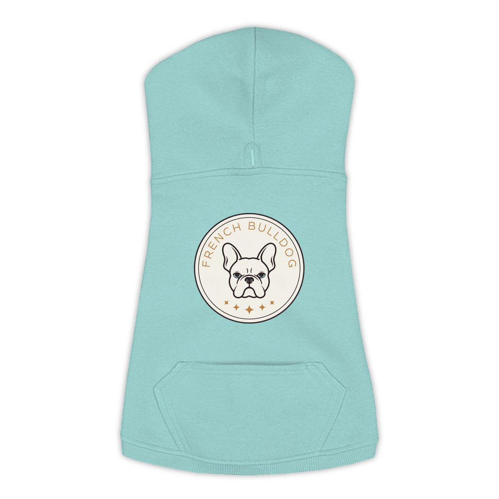 French Bulldog dog hoodie in Saltwater — vintage roundel badge print on cosy fleece pullover, XL