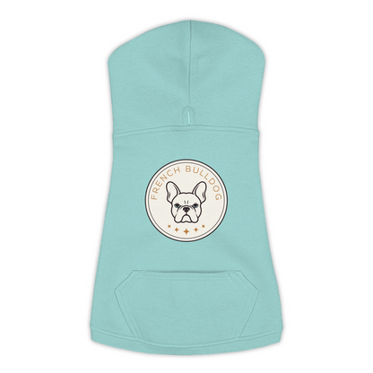French Bulldog dog hoodie in Saltwater — vintage roundel badge print on cosy fleece pullover, XL