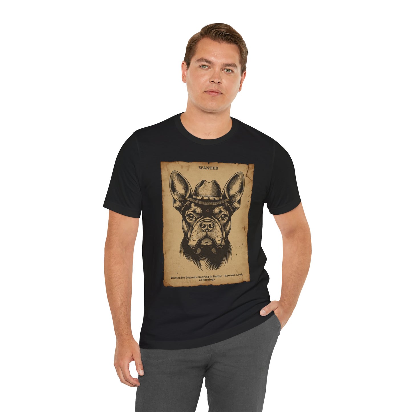 Model wearing the French Bulldog Wanted Outlaw tee, side angle