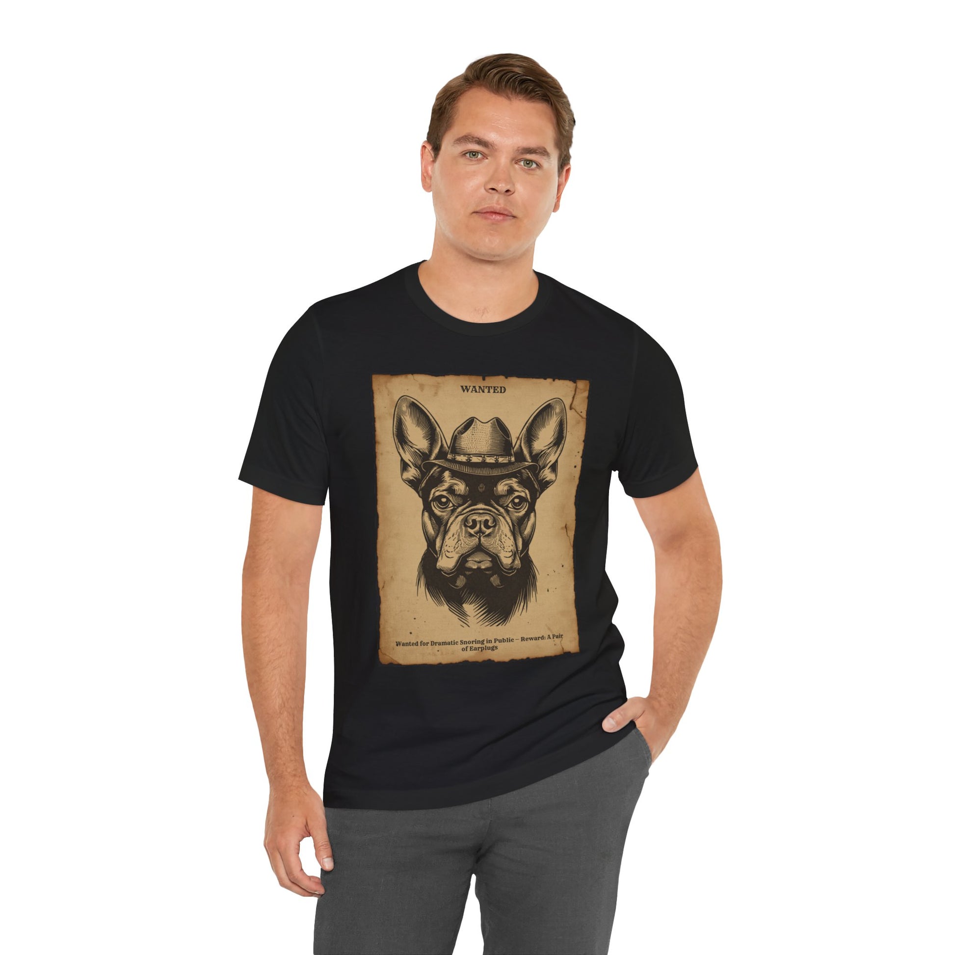 Model wearing the French Bulldog Wanted Outlaw tee, side angle