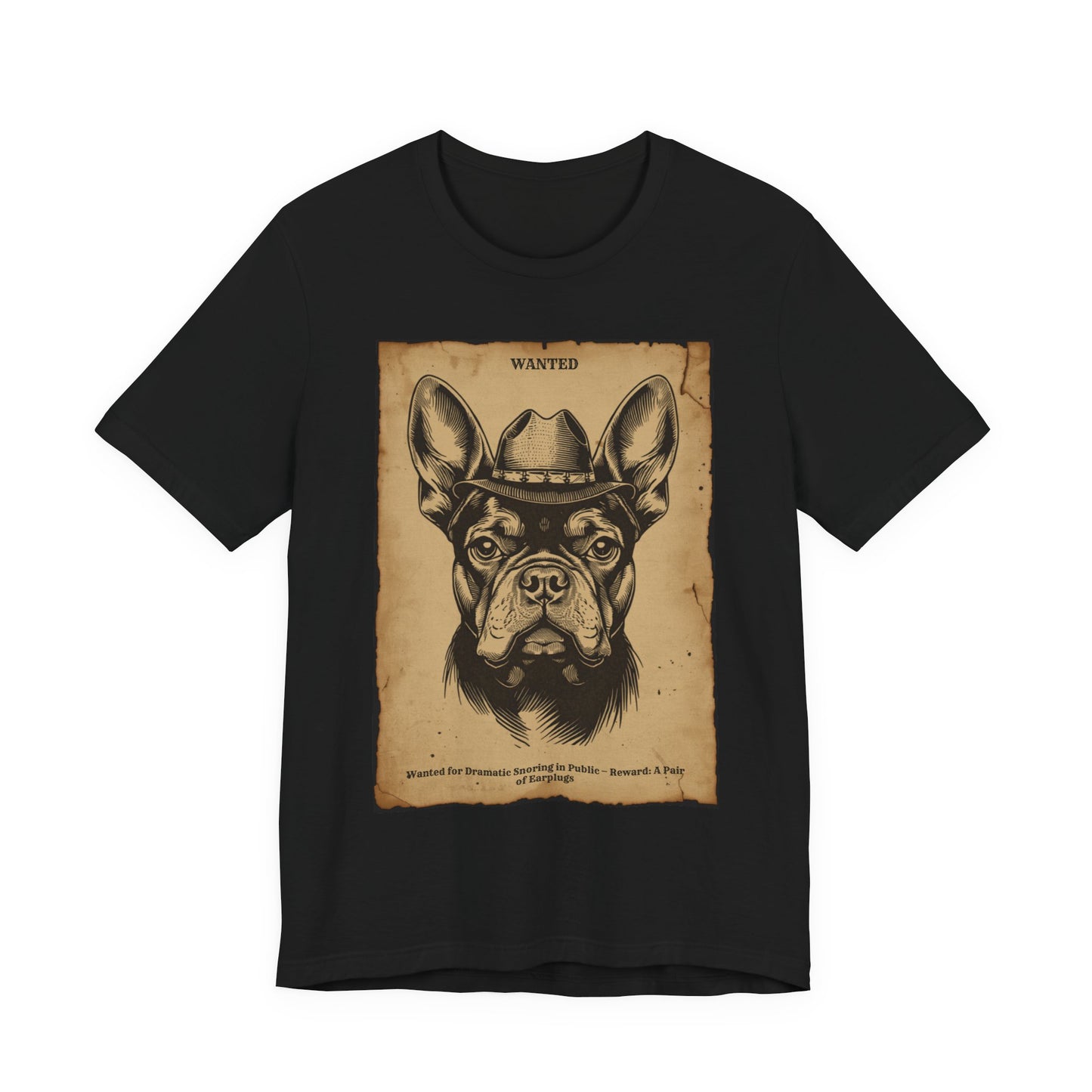 Flat lay of the French Bulldog Wanted Outlaw t-shirt