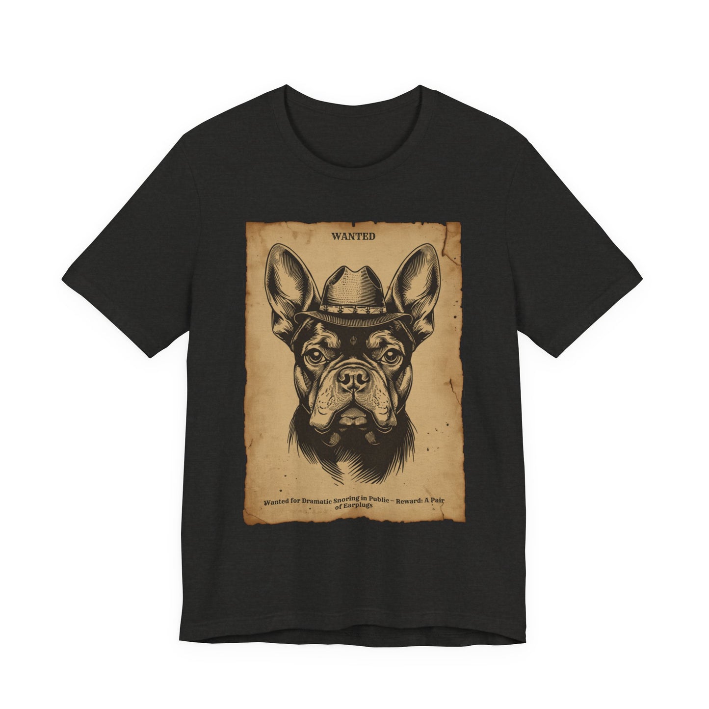 Model wearing the French Bulldog Wanted Outlaw tee, front pose