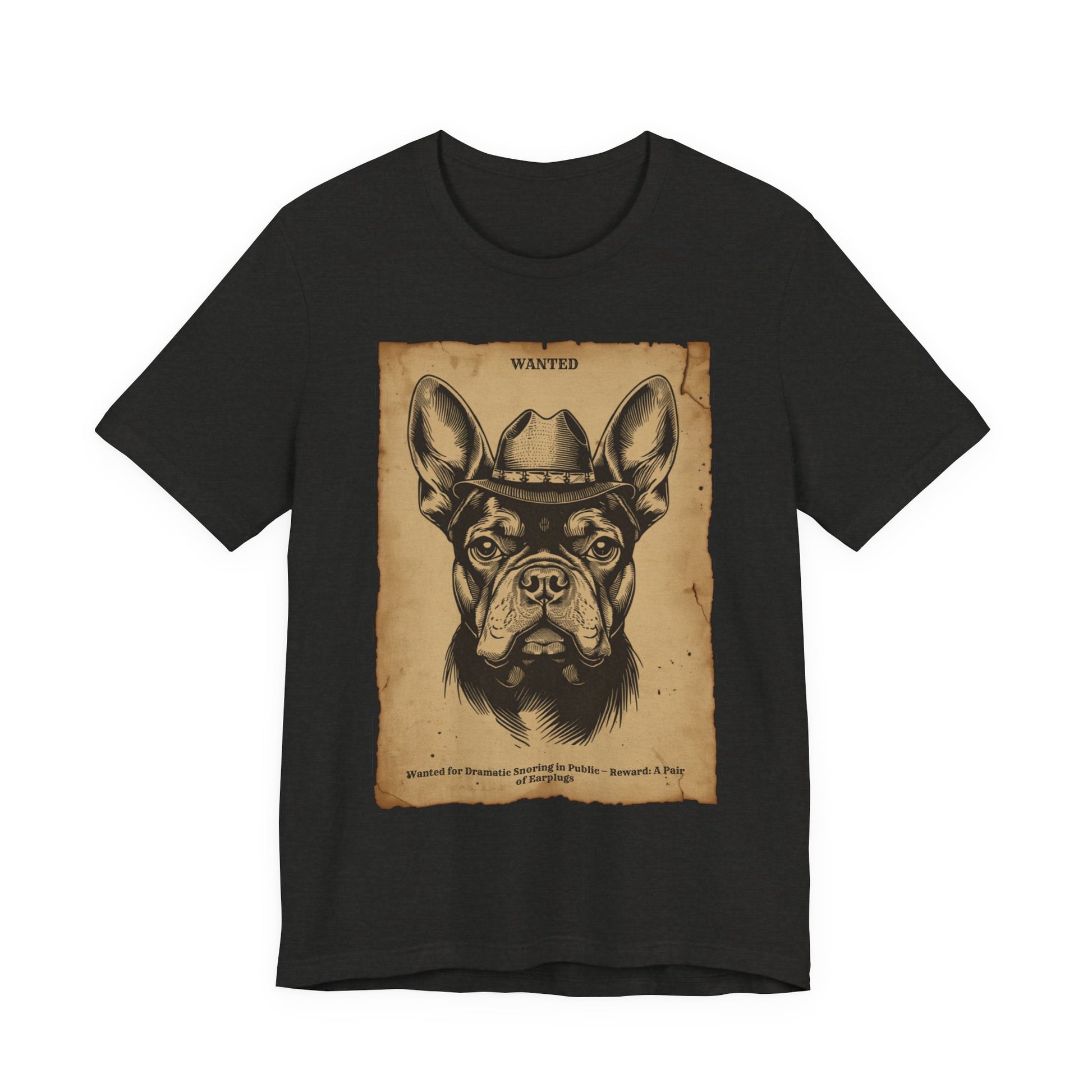 Model wearing the French Bulldog Wanted Outlaw tee, front pose