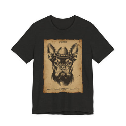 Model wearing the French Bulldog Wanted Outlaw tee, front pose