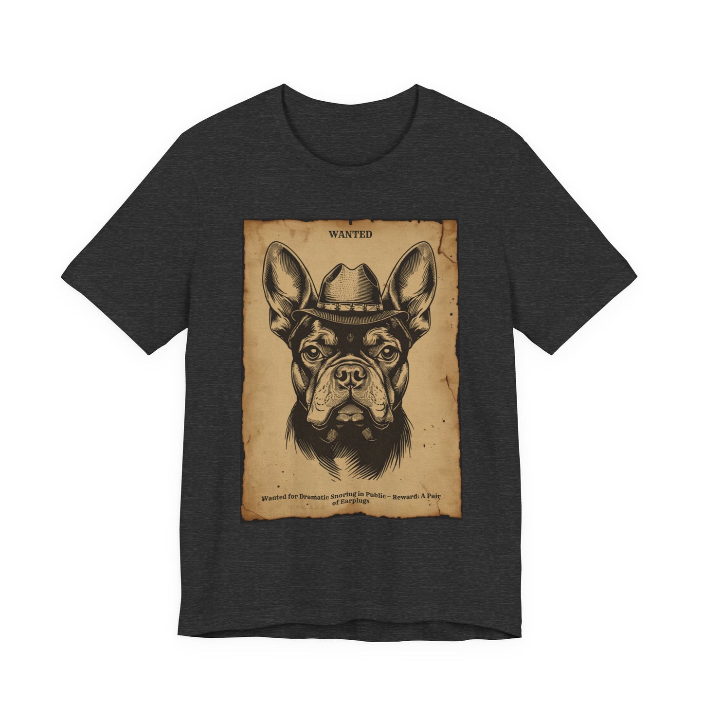Dark Grey Heather colourway of the French Bulldog Wanted Outlaw t-shirt