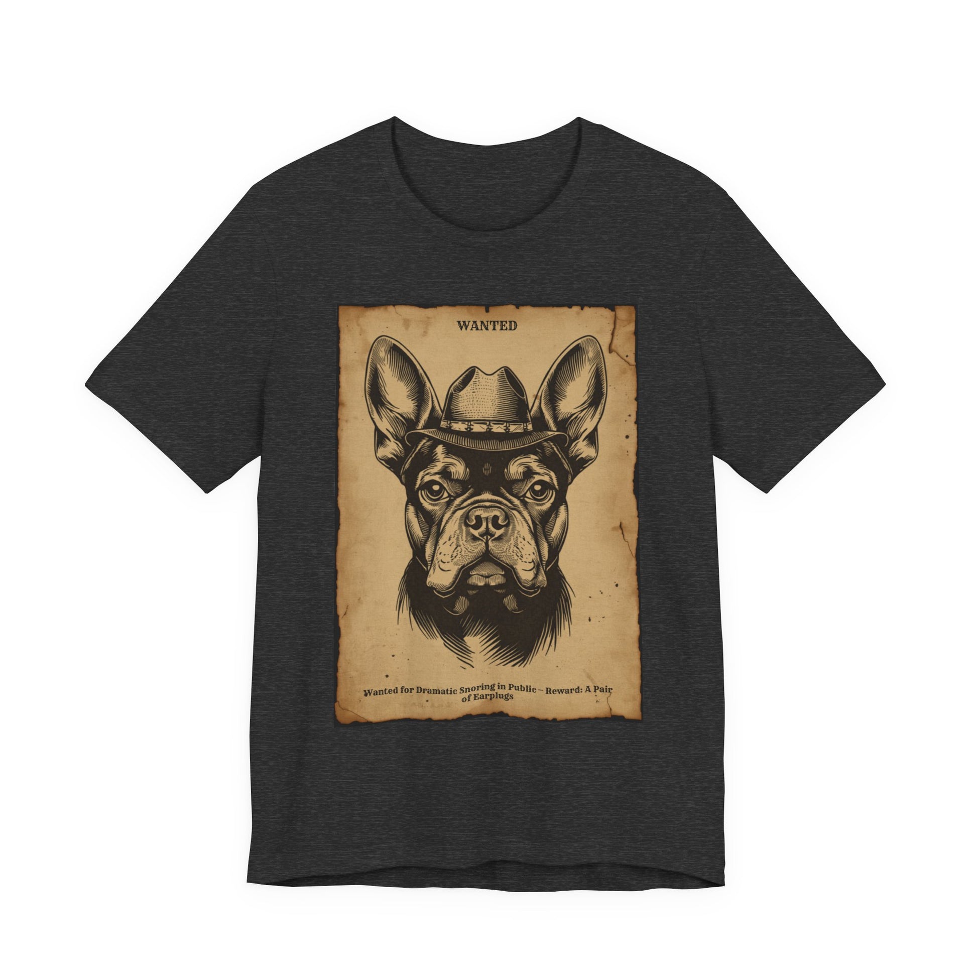 Dark Grey Heather colourway of the French Bulldog Wanted Outlaw t-shirt