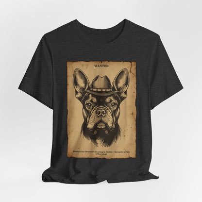 Gift-ready photo of the French Bulldog Wanted Outlaw tee