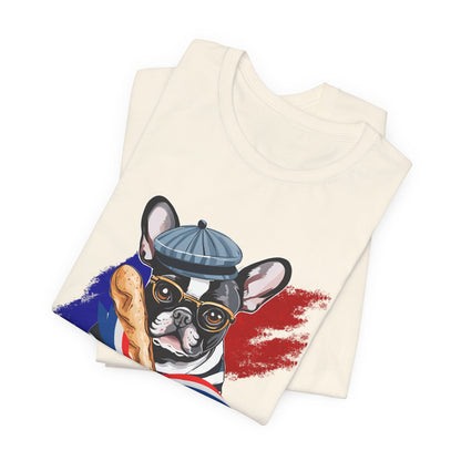 French Bulldog Baguette Navy tee — collar and size tag detail, Bella+Canvas 3001 — SniffWaggleNWalk™