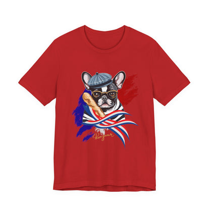 French Bulldog with Baguette T-Shirt in White — French flag colours graphic on soft unisex tee — SniffWaggleNWalk™
