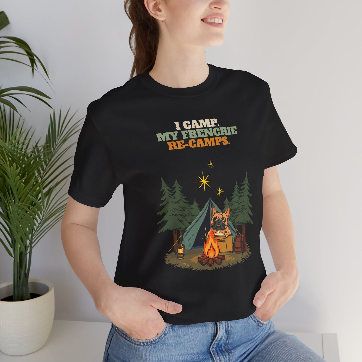 Funny Frenchie camping tee lifestyle photo