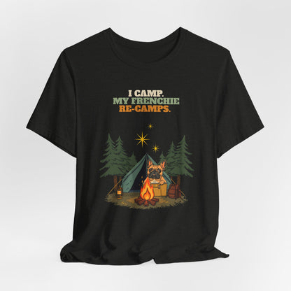 Frenchie camping t-shirt Black Heather colourway