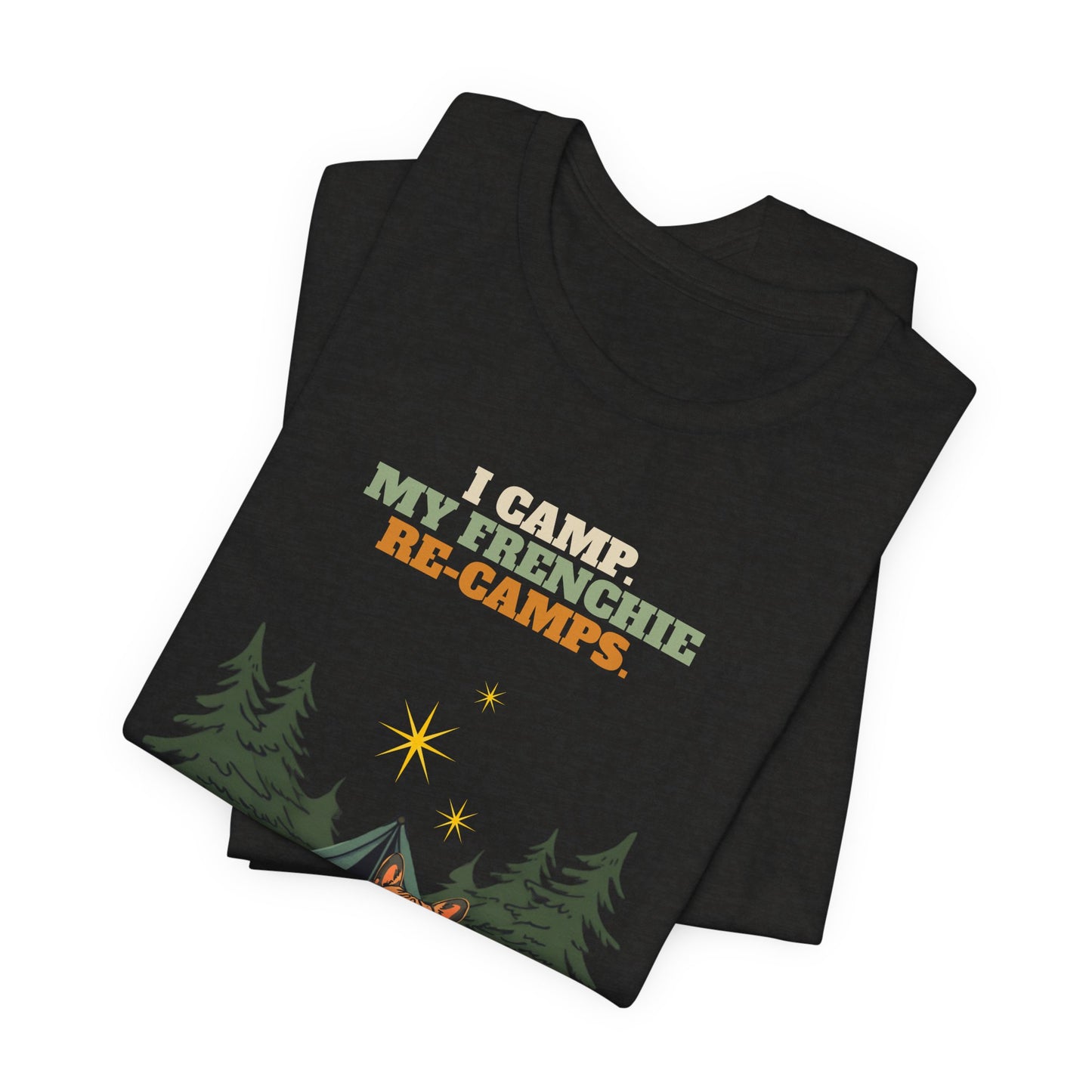 Frenchie camping t-shirt Dark Grey Heather colourway