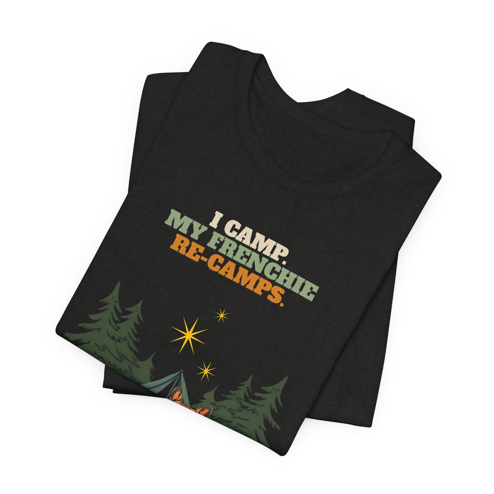 Frenchie camping t-shirt Dark Grey Heather colourway