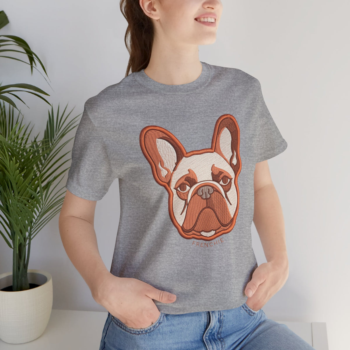 Frenchie French Bulldog face t-shirt in athletic heather, front view
