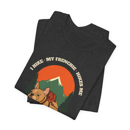 Frenchie hiking t-shirt worn on mountain trail