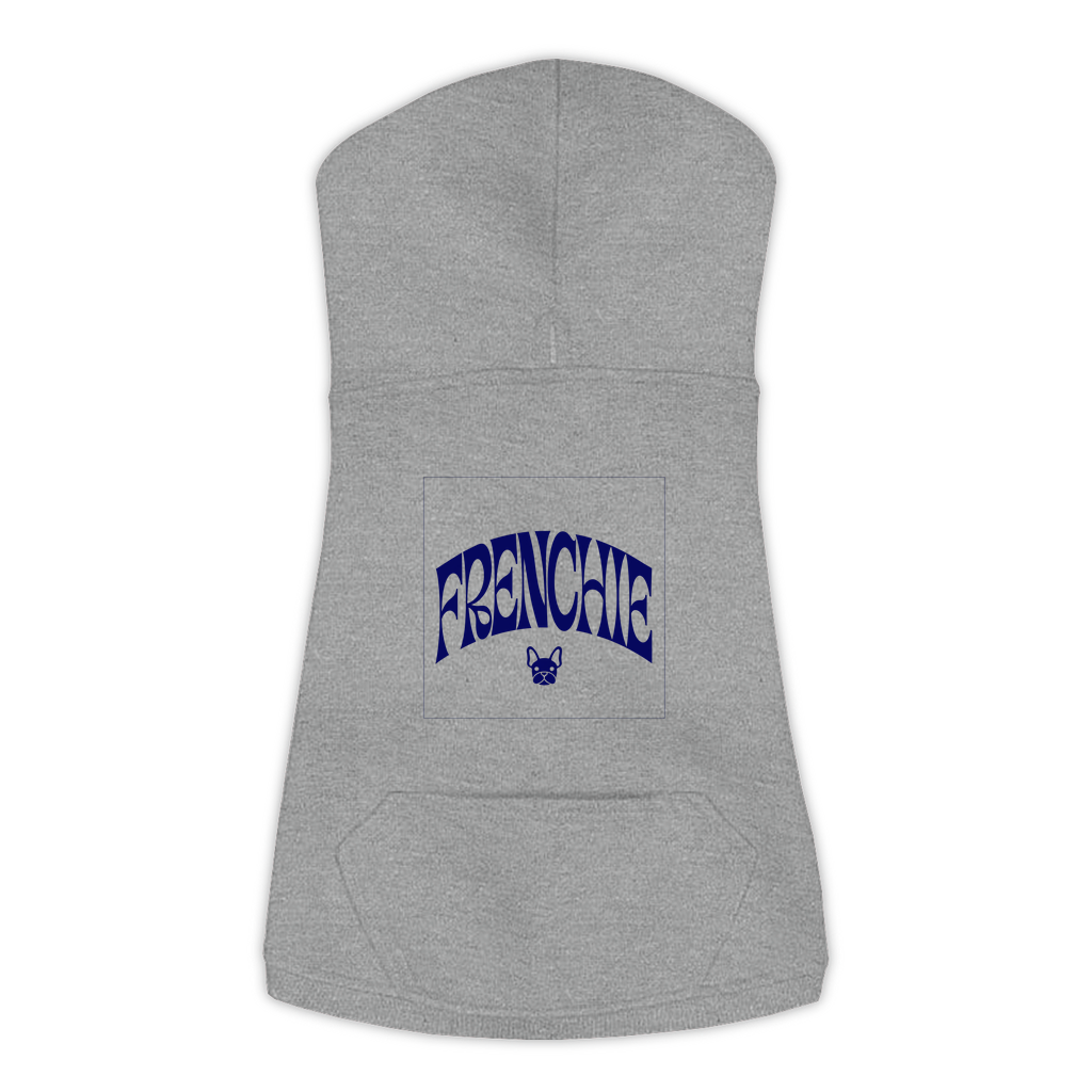 Frenchie Hoodie in Granite Heather, size L, bold FRENCHIE wordmark design