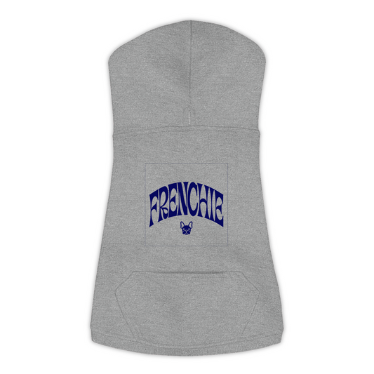 Frenchie Hoodie in Granite Heather, size L, bold FRENCHIE wordmark design