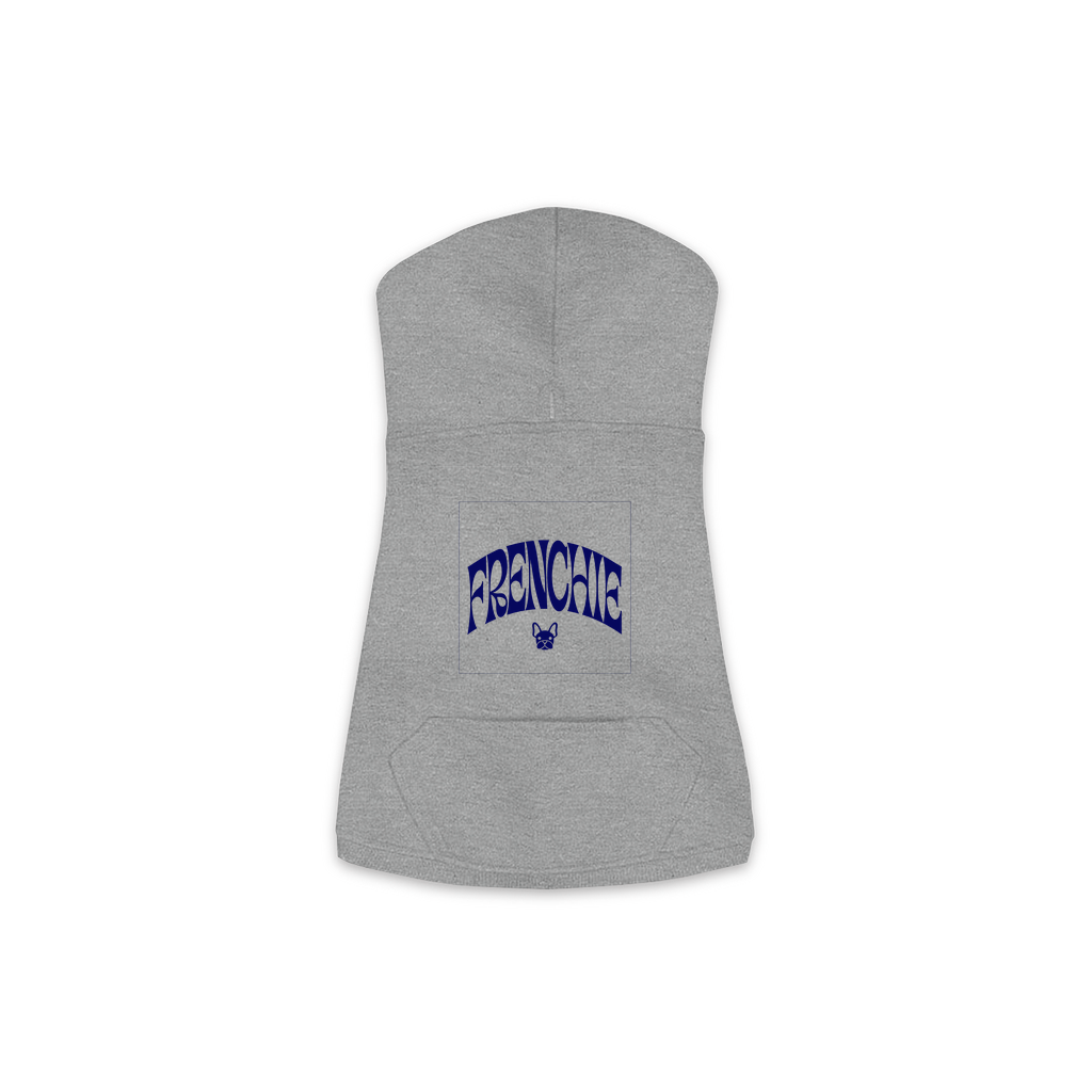 Frenchie Hoodie in Granite Heather, size M, bold FRENCHIE wordmark design