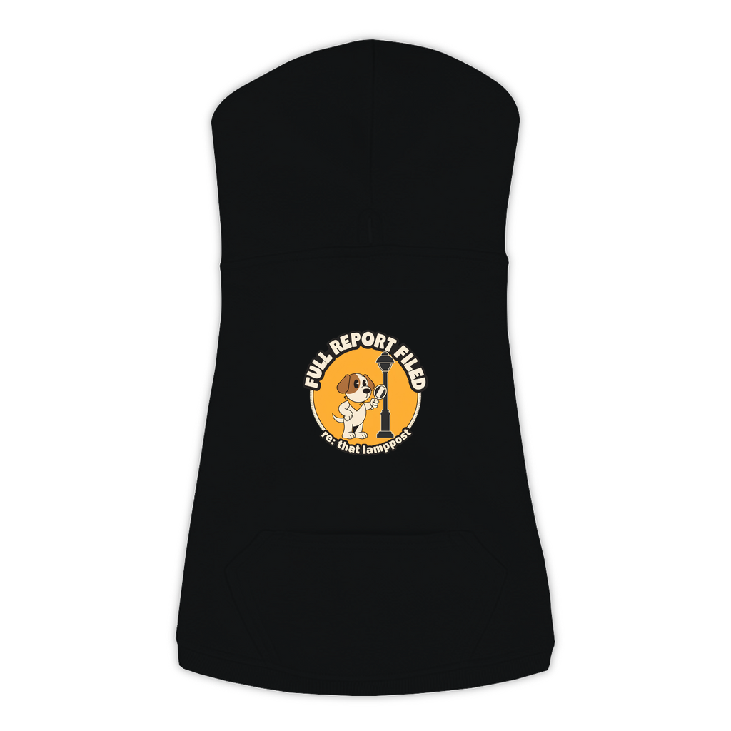 Full Report Filed Dog Hoodie in Black, sizes L to 3XL