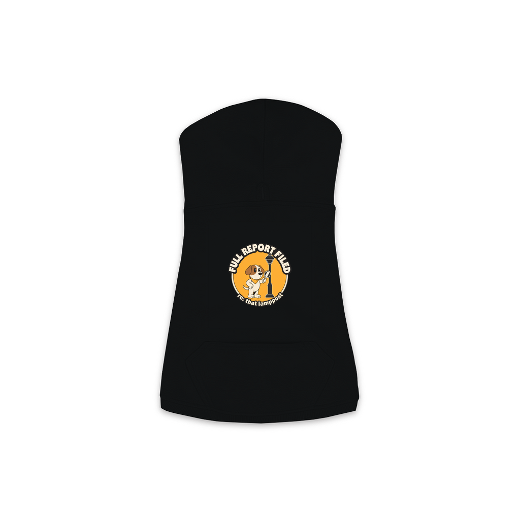 Full Report Filed Dog Hoodie in Black, sizes XS to M