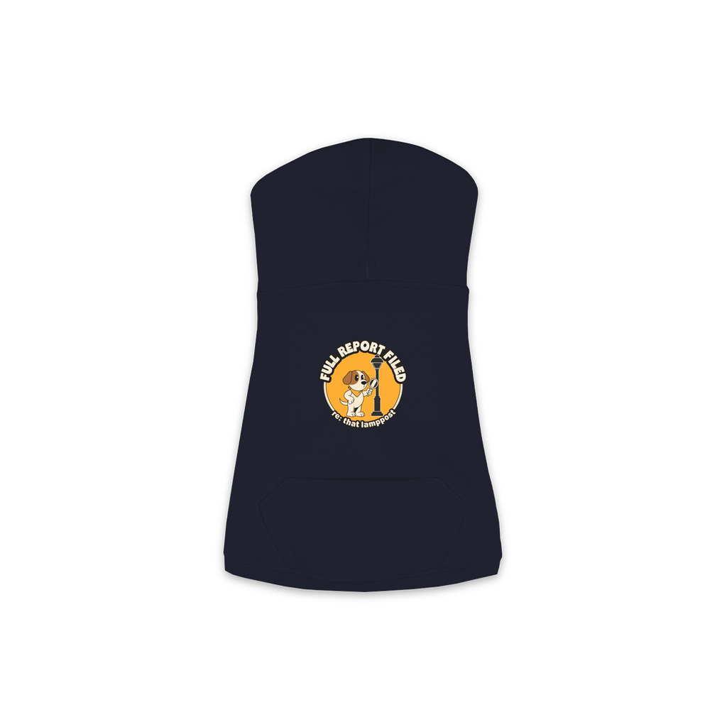 Full Report Filed Dog Hoodie in Navy, sizes XS to M
