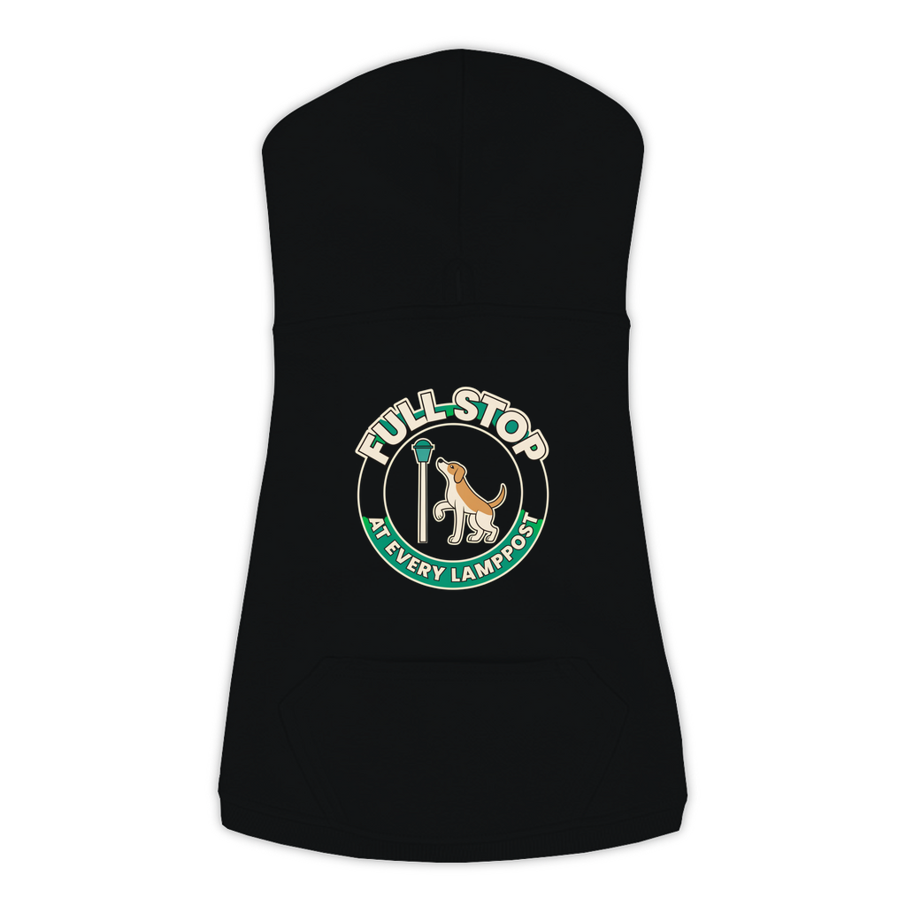 Full Stop At Every Lamppost Dog Hoodie in Black, sizes L-3XL — funny dog walk print