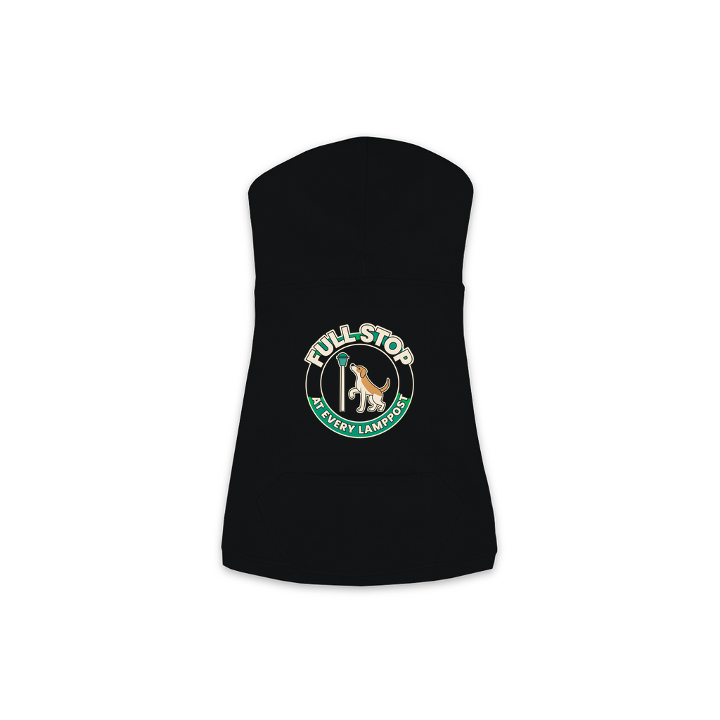 Full Stop At Every Lamppost Dog Hoodie in Black, sizes XS-M — funny dog walk print