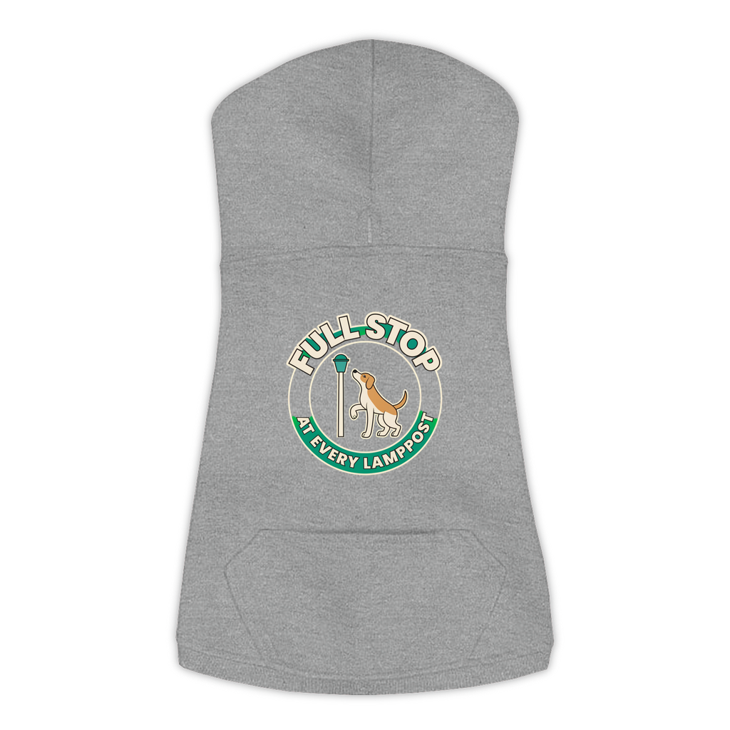 Full Stop At Every Lamppost Dog Hoodie in Granite Heather, sizes L-3XL — funny dog walk print