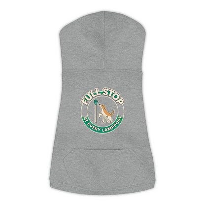 Full Stop At Every Lamppost Dog Hoodie in Granite Heather, sizes L-3XL — funny dog walk print