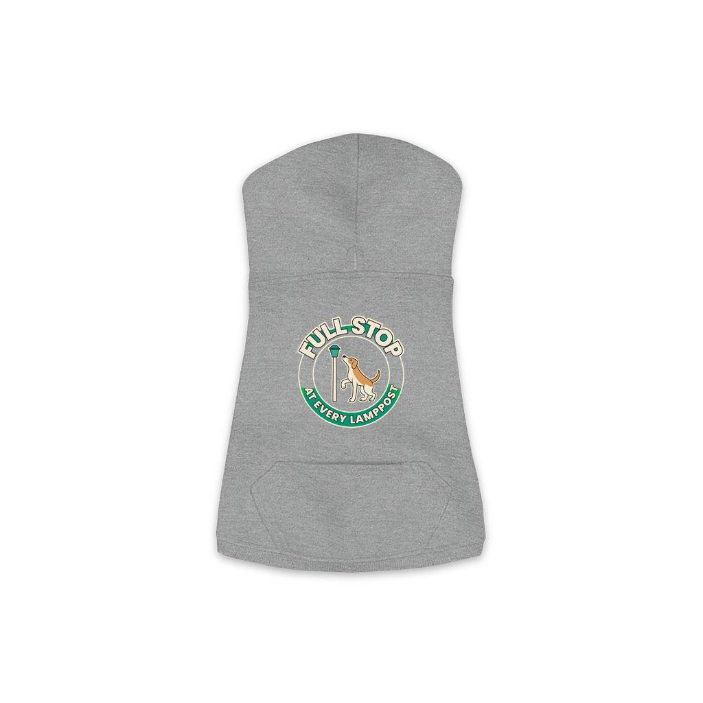 Full Stop At Every Lamppost Dog Hoodie in Granite Heather, sizes XS-M — funny dog walk print