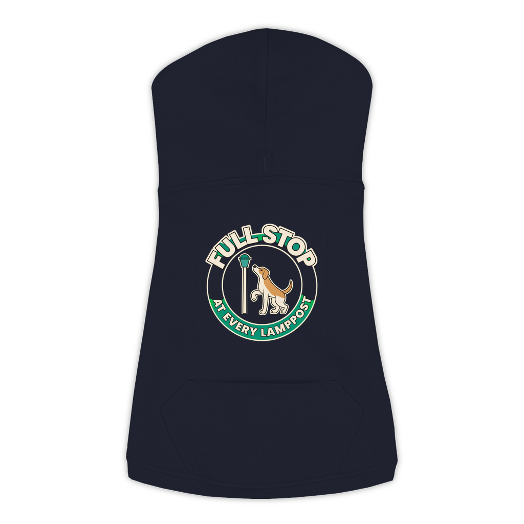 Full Stop At Every Lamppost Dog Hoodie in Navy, sizes L-3XL — funny dog walk print