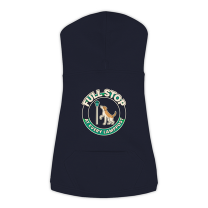 Full Stop At Every Lamppost Dog Hoodie in Navy, sizes L-3XL — funny dog walk print