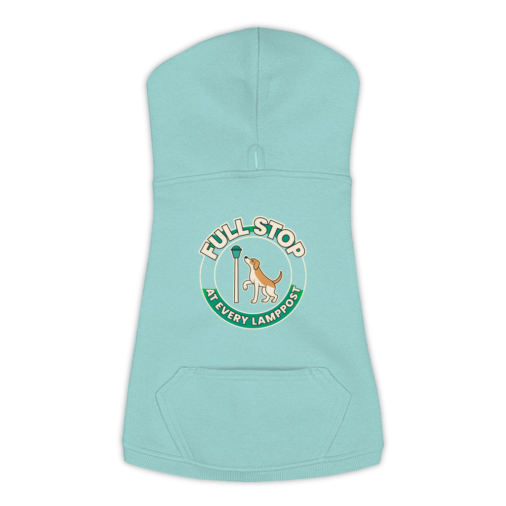 Full Stop At Every Lamppost Dog Hoodie in Saltwater, sizes L-3XL — funny dog walk print