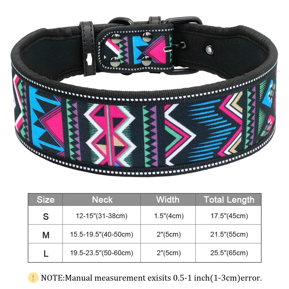 Dog collar with colorful geometric pattern and size chart on a white background